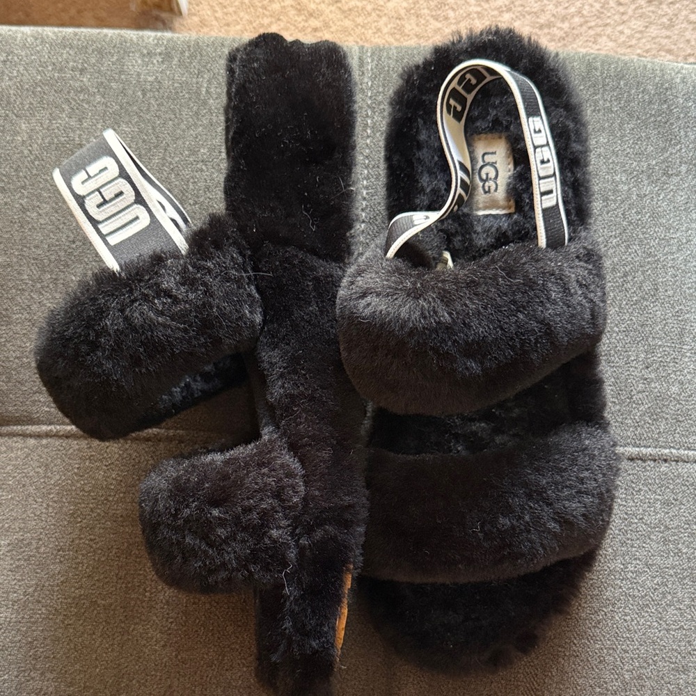 UGG Black Shearling Double-Band Slingback Slides